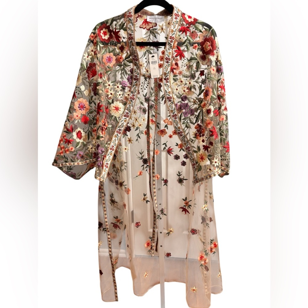 Anthropologie Self Contrast Floral Embroidered Sheer Kimono NWT